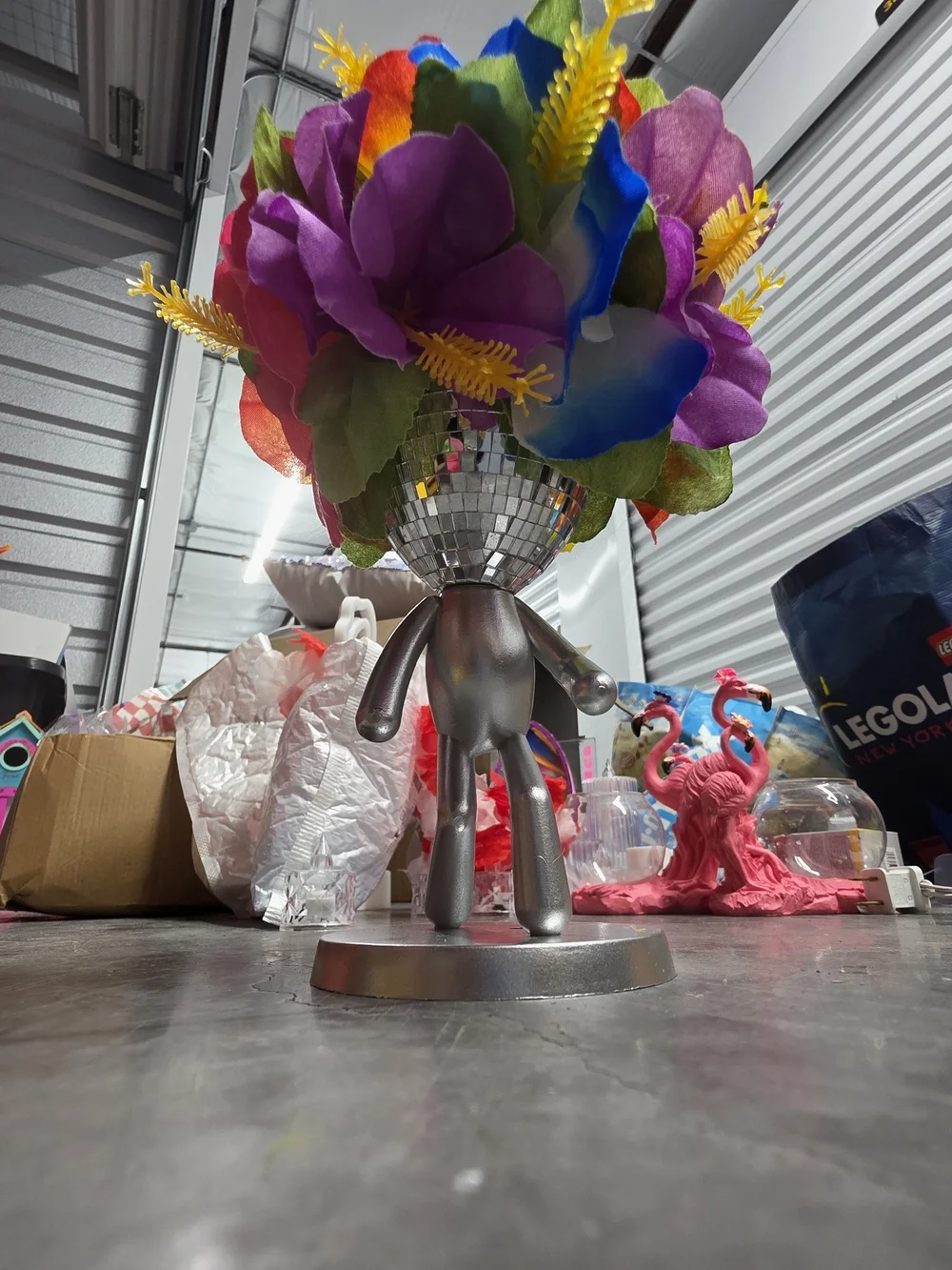 Handmade Rainbow Floral Disco Head Figurine - Silver Base